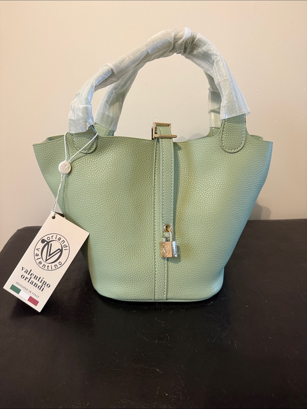 Valentino Orlandi Light Green Pebbled Leather Mini Bucket Bag